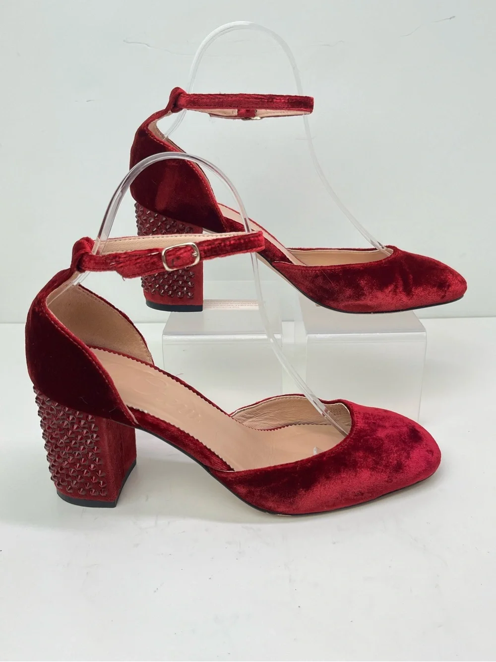 J. Crew Maisie Ruby Red Velvet Jewel Studded Ankle Strap Holiday Party Heels